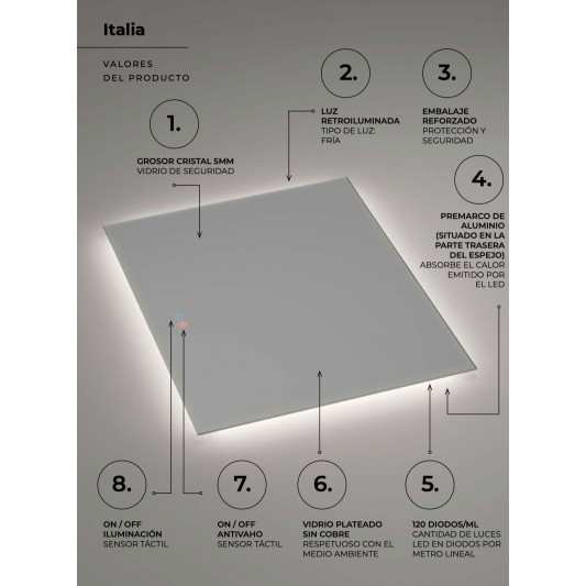 Espejo retroiluminado Italia, antivaho 2