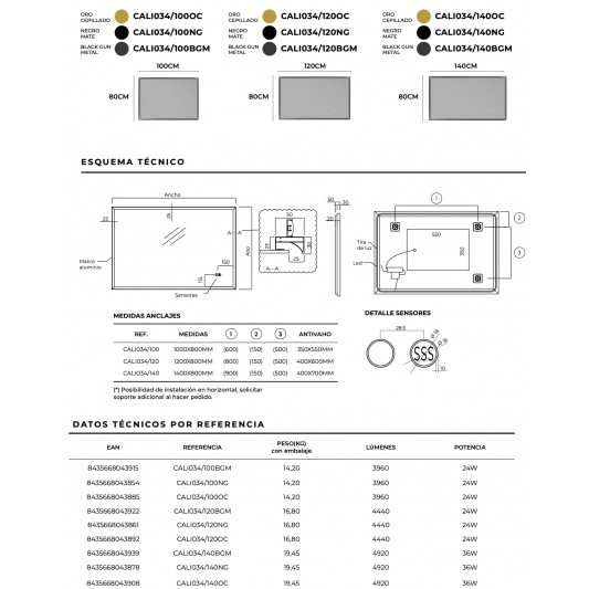Espejo retroiluminado California, antivaho, Black gun metal, oro, y negro 2