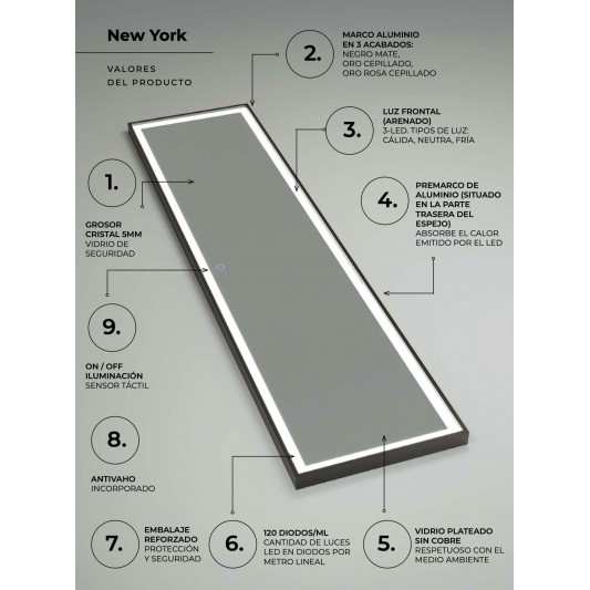 Espejo retroiluminado New York 160x40 oro cepillado, triled y antivaho. 2