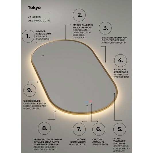 Espejo de baño Tokyo 90x50 cm de Ledimex triled y antivaho marco Oro rosa 2