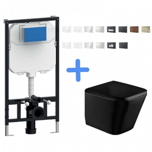 Aquore Rhodas Negro Mate | Inodoro suspendido Rimless con bastidor MÁGINA y tapa Soft Close