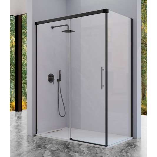 Mampara frontal fijo con puerta corredera y lateral fijo opcional URBAN de Kassandra Negro Mate