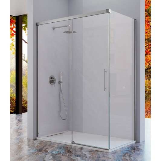 Mampara frontal fijo con puerta corredera y lateral fijo opcional URBAN de Kassandra Plata Brillo