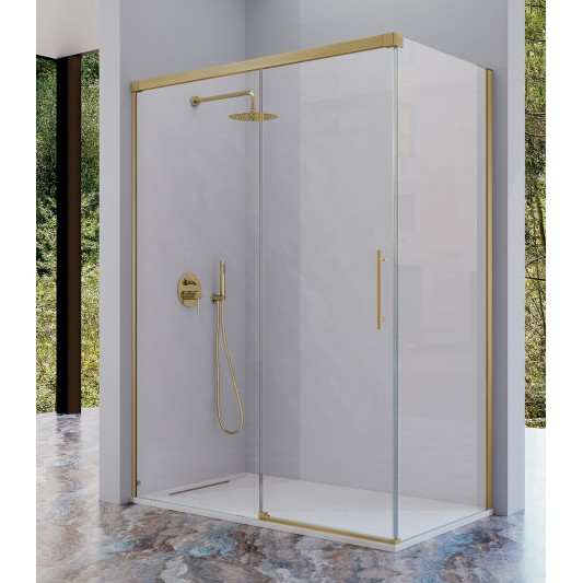 Mampara frontal fijo con puerta corredera y lateral fijo opcional URBAN de Kassandra oro Cepillado