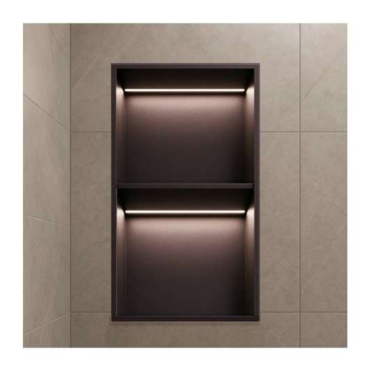 Hornacina para baño vertical con dos estantes black gun metal con luz led Marshall HOR006/BGM