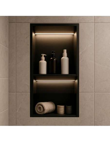 Hornacina para baño vertical con dos estantes negra con luz led Marshall HOR006/NG