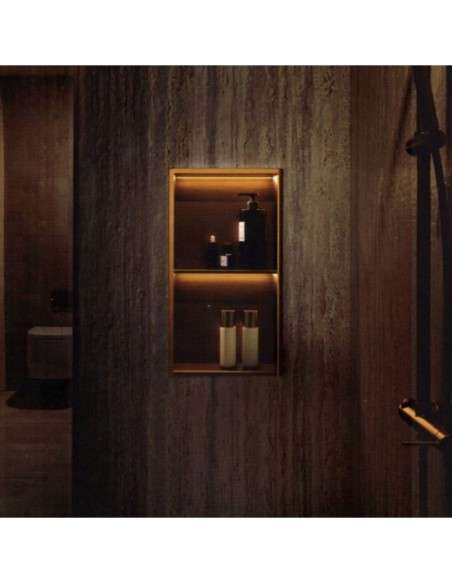 Hornacina para baño vertical con dos estantes oro cepillado con luz led Marshall HOR006/OC