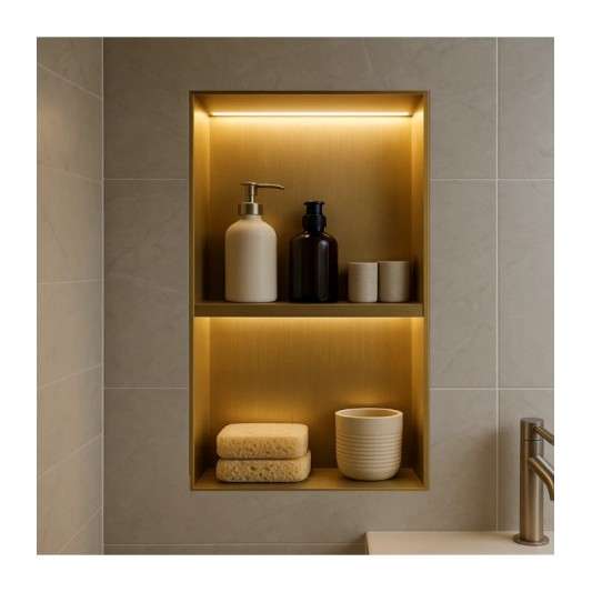 Hornacina para baño vertical con dos estantes oro cepillado con luz led Marshall HOR006/OC 2
