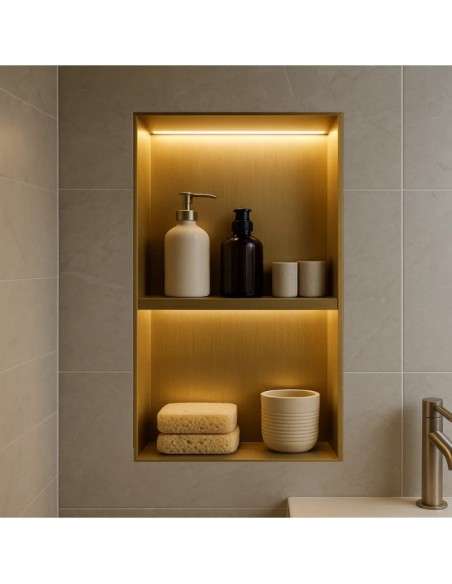 Hornacina para baño vertical con dos estantes oro cepillado con luz led Marshall HOR006/OC