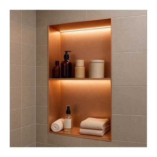 Hornacina para baño vertical con dos estantes oro rosa cepillado con luz led Marshall HOR006/ORC