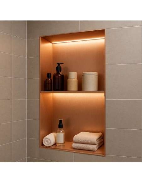Hornacina para baño vertical con dos estantes oro rosa cepillado con luz led Marshall HOR006/ORC