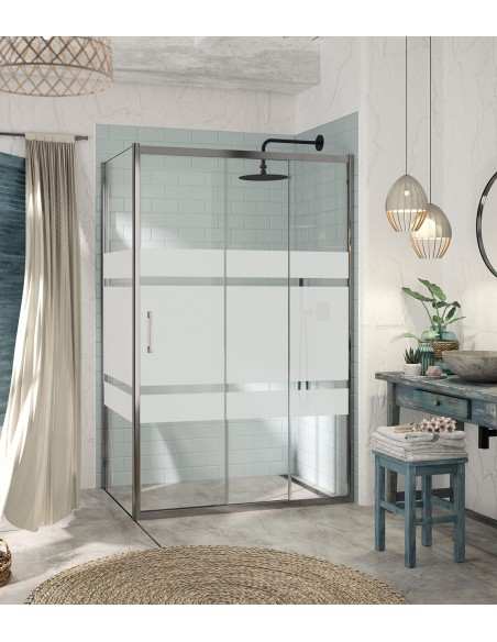 Mampara Kaarol Kassandra 1F+2C en plata brillo | Vidrio Transparente o Decorado Bali