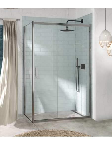 Mampara Kaarol Kassandra 1F+2C en plata brillo | Vidrio Transparente o Decorado Bali