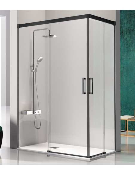 Mampara Angular Kassandra GLASÉ 2F + 2C Negro Mate