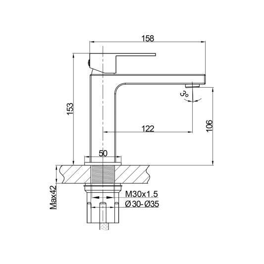 Grifo de lavabo Monomando Orion negro 3004NG - Dibujo técnico