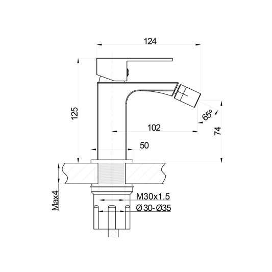 Grifo de bidé Monomando Orion oro 3005OR - Dibujo técnico