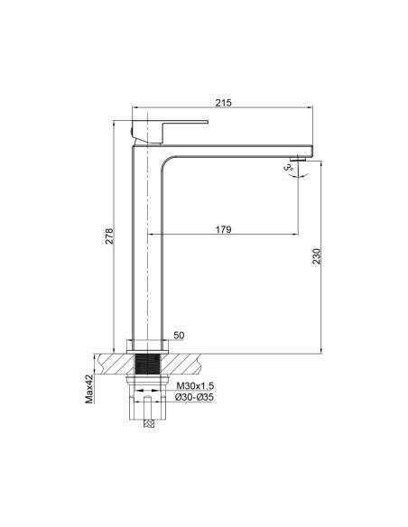 Grifo de lavabo de caño alto Orion negro 3016NG - Dibujo técnico