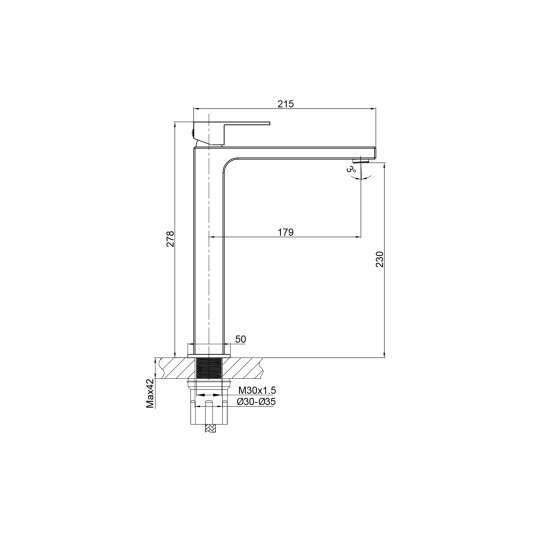 Grifo de lavabo de caño alto Orion oro 3016OR - Dibujo técnico