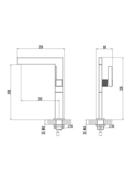 Grifo de lavabo de caño alto Paladio cromo 3216 - Dibujo técnico