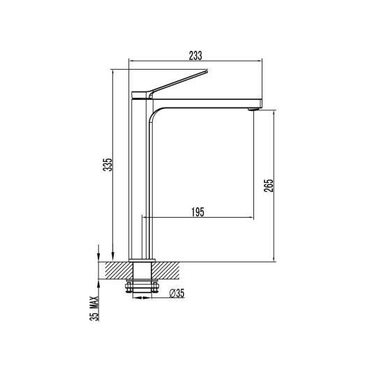 Grifo de lavabo de caño alto Tarsio oro cepillado 3202OR - Dibujo técnico