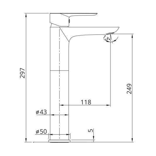 Grifo de lavabo de caño alto Cassio titanio 3103 - Dibujo técnico