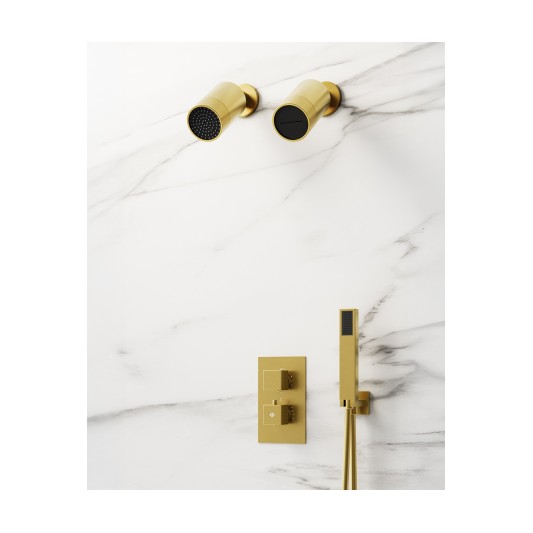 Conjunto de ducha empotrado termostático Orion oro con doble rociador C3084OR-M
