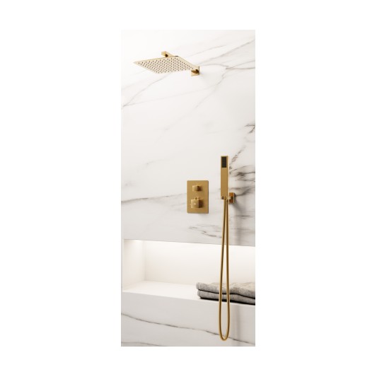 Conjunto de ducha empotrado termostático Orion oro con rociador de pared C3084OR-P