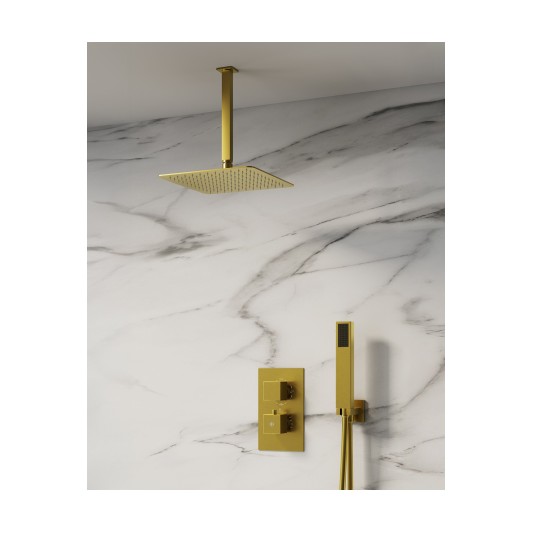 Conjunto de ducha empotrado termostático Orion oro con rociador de techo C3084OR-T
