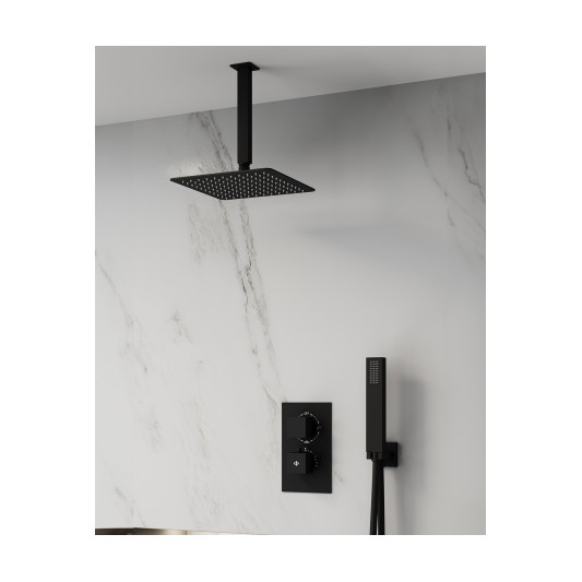 Conjunto de ducha empotrado termostático Orion negro con rociador de techo C3085-T