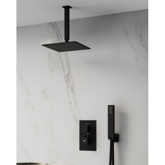 Conjunto de ducha empotrado termostático Orion negro con rociador de techo C3085-T