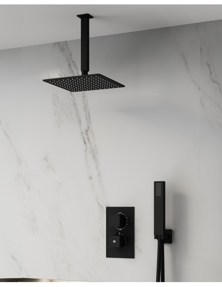 Conjunto de ducha empotrado termostático Orion negro con rociador de techo C3085-T