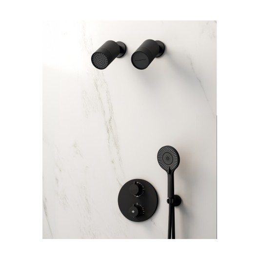 Conjunto de ducha empotrado termostático Round negro con doble rociador C3083-M