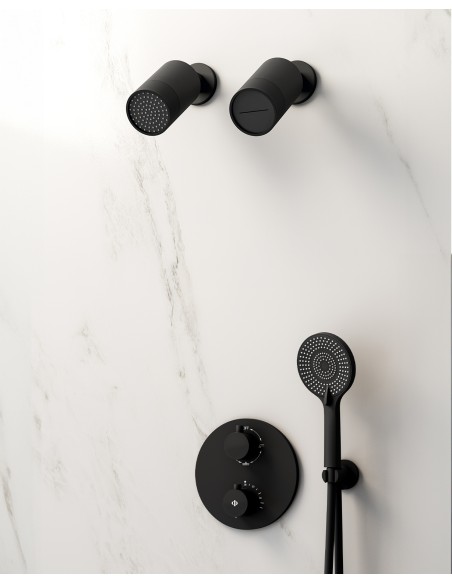 Conjunto de ducha empotrado termostático Round negro con doble rociador C3083-M
