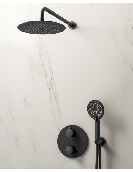 Conjunto de ducha empotrado termostático Round negro con rociador de pared C3083-P