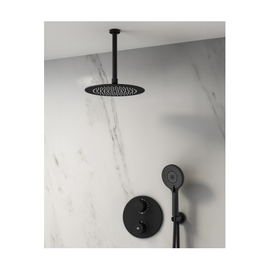 Conjunto de ducha empotrado termostático Round negro con rociador de techo C3083-T