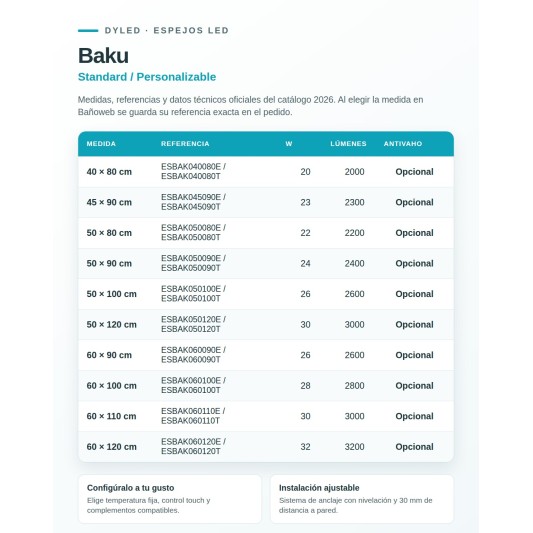 Espejo LED Baku de Dyled, Standard y Standard Pro