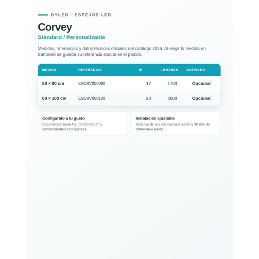 Espejo LED Corvey de Dyled, Standard y Standard Pro