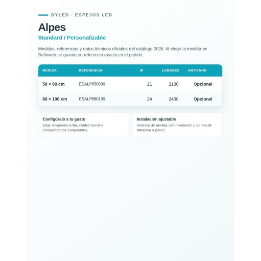Espejo LED Alpes de Dyled, Standard y Standard Pro