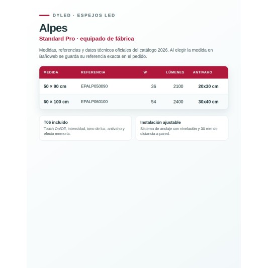 Espejo LED Alpes de Dyled, Standard y Standard Pro
