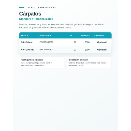 Espejo LED Cárpatos de Dyled, Standard y Standard Pro