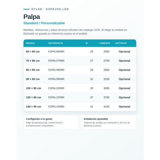 Espejo LED Palpa de Dyled, Standard y Standard Pro