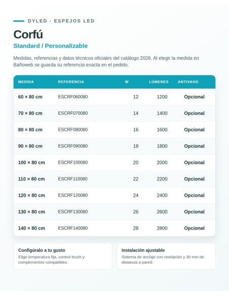 Espejo LED Corfú de Dyled, Standard y Standard Pro