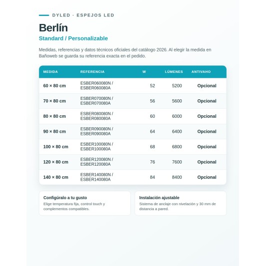 Espejo LED Berlín de Dyled, Standard y Standard Pro