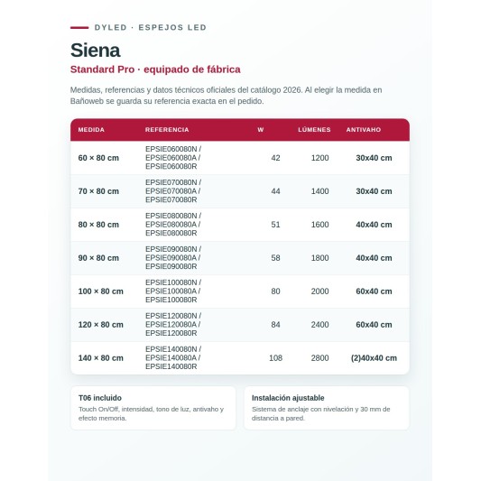 Espejo LED Siena de Dyled, Standard y Standard Pro