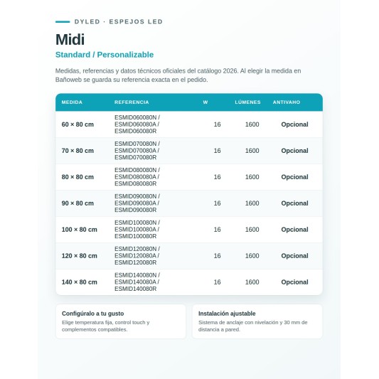 Espejo LED Midi de Dyled, Standard y Standard Pro