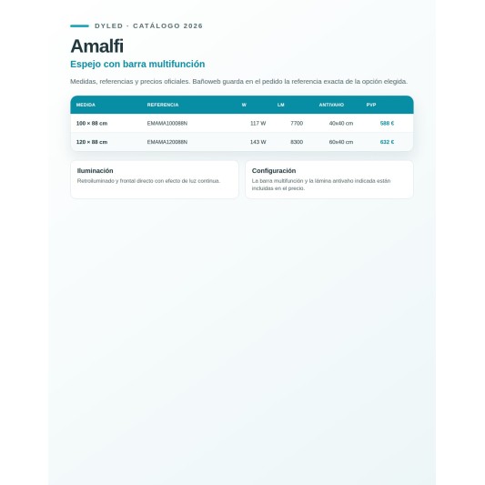 Espejo de baño LED Amalfi de Dyled con barra multifunción, 100-120 cm