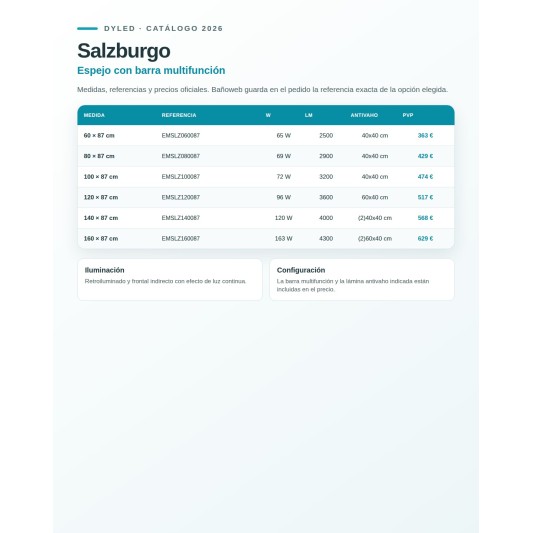 Espejo de baño LED Salzburgo de Dyled con barra multifunción, 60-160 cm