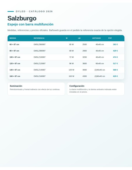 Espejo de baño LED Salzburgo de Dyled con barra multifunción, 60-160 cm