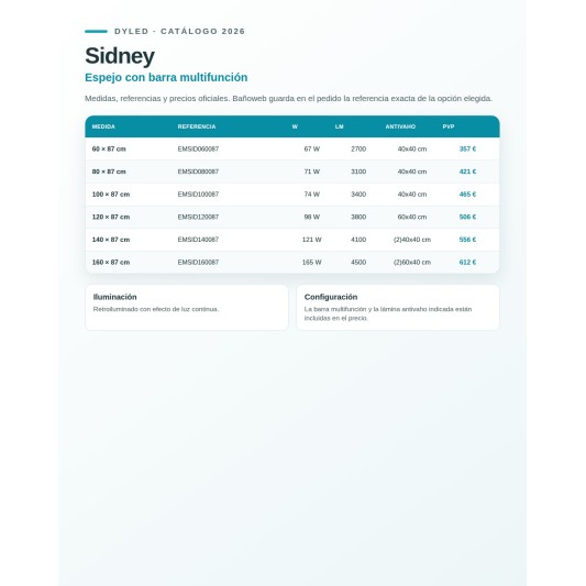 Espejo de baño LED Sidney de Dyled con barra multifunción, 60-160 cm