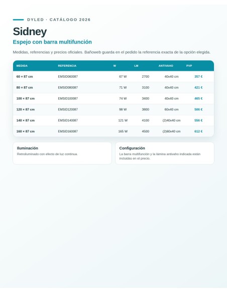 Espejo de baño LED Sidney de Dyled con barra multifunción, 60-160 cm